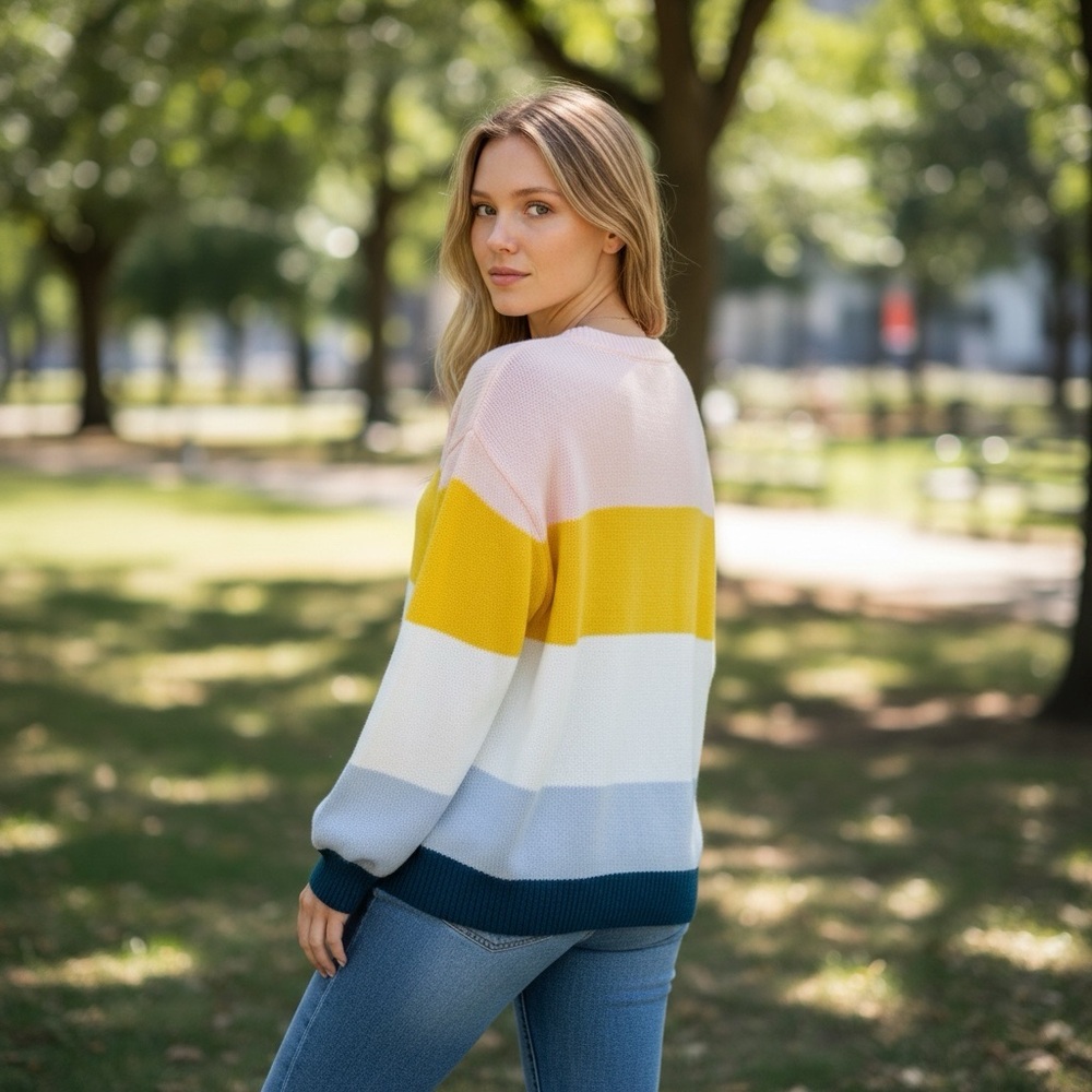 Elodie Multicolor Striped Crew Neck Balloon Sleeve Knit Sweater Size S - Picture 13 of 13